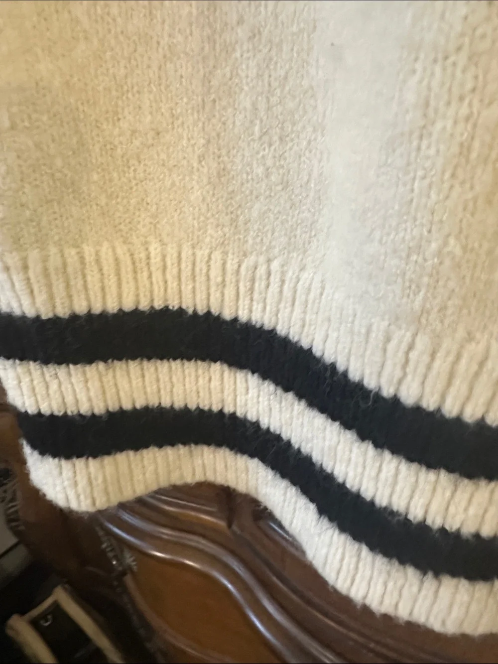 Embroidered  Floral  Oversized Cream Sweater W/ Black Stripes Puffer longsleeves